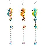 3PCS Metal Seahorse & Starfish Hanging Sun Catchers with Crystals, Colorful Crystal Prisms Stained Glass Suncatcher, Rainbow Maker Pendant Indoor Outdoor Patio Fence Decor