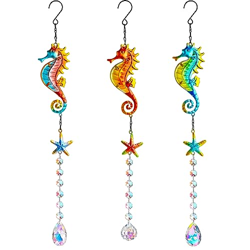 3PCS Metal Seahorse & Starfish Hanging Sun Catchers with Crystals,