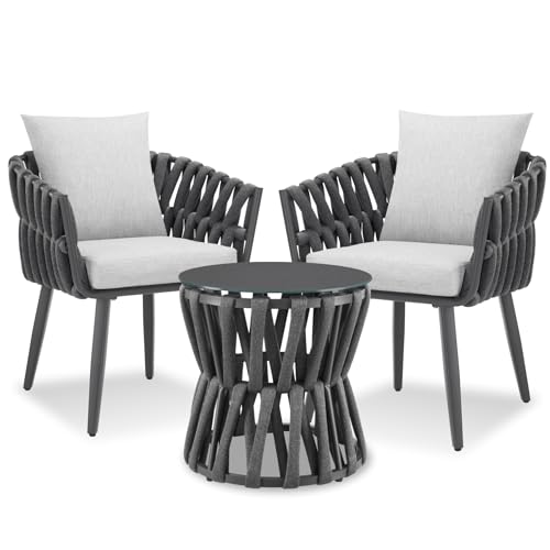tectake® Gartenmöbel-Set Lugano Rope-Design, Aluminiumgestell, Tisch 2 Stühle, Dicke Sitzpolster, Gartenlounge, Loungemöbel, Gartensitzgruppe, Outdoor Lounge Set, Terrassenmöbel, Balkonmöbel
