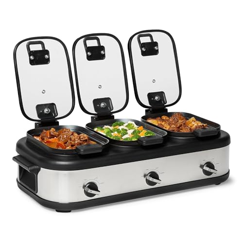 Image of Amazon Basics Triple Slow Cooker with Ceramic Non-Stick Coating and Temperature Controls, 3 x 2.5 Quarts, Stainless Steel