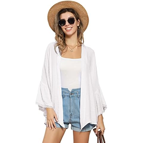 GRACE KARIN Women Cover-up 3/4 Length Open Front Sheer Chiffon Beach Cover Up-2-White-S Cover