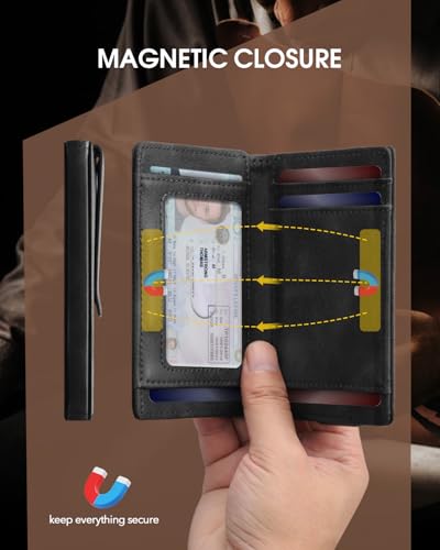 GAOCHALE Wallet for Men [Ultra Slim] Magnetic Closure Minimalist Wallet Genuine Leather Front Pocket Wallet RFID Blocking Card Holder up tp 12+ Cards and Money Clip(Black)4