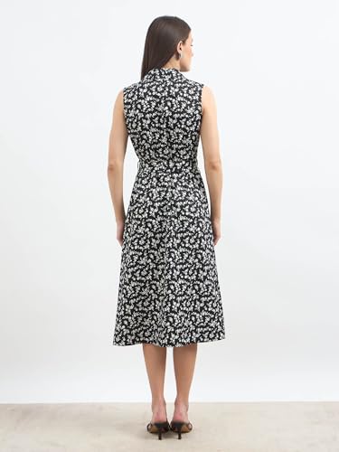 Image of Salt Attire Women's Black Floral Midi Dress | Sleeveless Fit and Flare Western | Button Down Dress with Notched Collar & Side Pockets | Moss Crepe Polyester Casual with Tie-Up Belt