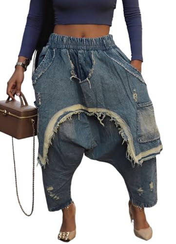 Women's Harem Denim Pants Elastic Waist Loose Cropped Cargo Barrel Jeans Casual Patchwork Ripped Trousers Pockets
