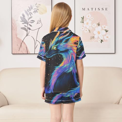 ALAZA Black Colorful Dragon Satin Pajamas Set Short Sleeve Button Down Sleepwear Summer Pjs 2 Piece4