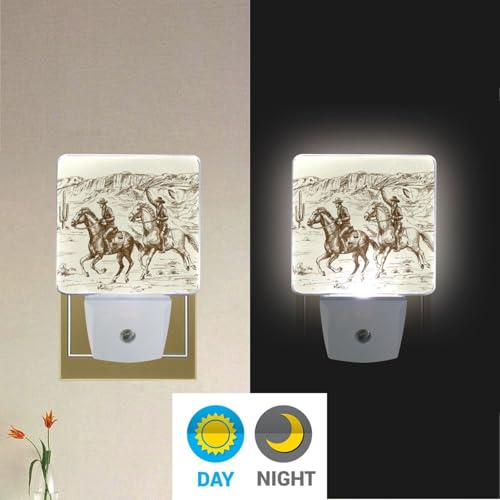 Image of Western Desert Cowboy Night Lights 2 Pack Plug-in Wall Led Nightlight Auto Dusk-to-Dawn Sensor Lamps for Bedroom Kitchen Bathroom Hallway Stairs