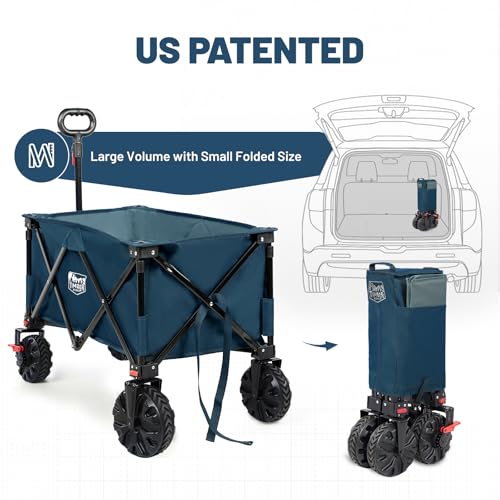 Image of Timber Ridge Outdoor Collapsible Wagon with Brakes Utility Folding Cart Heavy Duty All Terrain Wheels for Shopping Camping Garden with Side Bag and Cup Holders, Blue