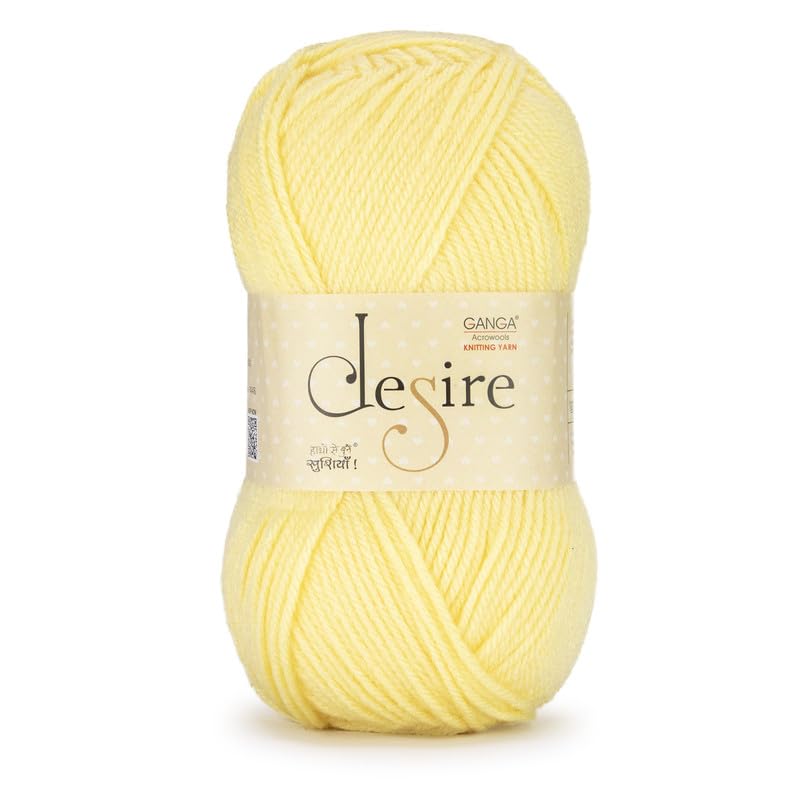 Image of Ganga Acrowools Acrylic Desire Hand Knitting and Crochet Yarn. Pack of 1 Ball - 100Gms. Shade No - DSR051, Light Yellow
