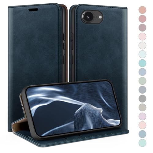 Coque iPhone 16e portefeuille RFID etui rabat cuir bleu foncé pour Apple 17e 6.1