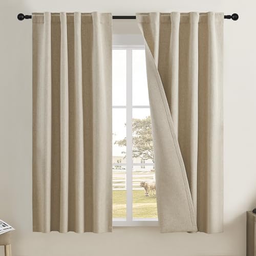 DUALIFE Short Linen Blackout Curtains 2 Panels- Back Tab Rod Pocket Narrow Curtain Panels for Small Window Cafe Kitchen Curtains 54 Inch Length,2 Panels,Taupe Tan Brown,W34 x L54