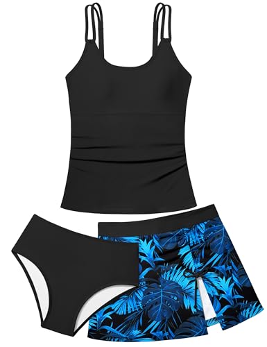 Image of Girls Swimsuit Tropical 3 Piece Tankini Adjustable Strap Bathing Suit Solid Modest Swimwear with Drastring Skirt 9-16y