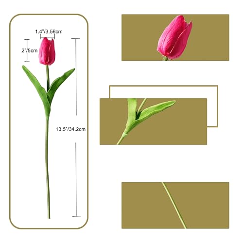 Image of ONLY ART Artificial Hot Pink Tulips 20 Pcs - 13.5 Inch PU Faux Flowers with Bendable Stems for Home Decor, Wedding Centerpieces, DIY Floral Arrangements, New Year and Valentine's Day