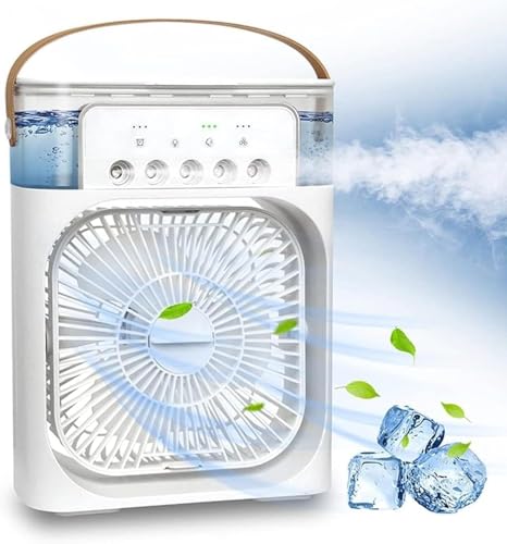 HoldOneLight Ventilador portátil de aire acondicionado, mini ventilador de refrigeración personal 4 en 1 con spray de niebla de agua, enfriador de aire evaporativo de 3 velocidades, humidificador de