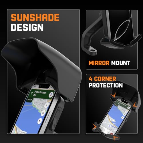 Image of Amkette iGrip Secure X2 Mobile Holder for Bike & Scooty with Mirror Mount, One Press Lock & Unlock, Built in Sunshade, Anti Slip Silicone Grip, 4 Corner Clamping, Compatible with 4.7 inch-7 inch Smartphones