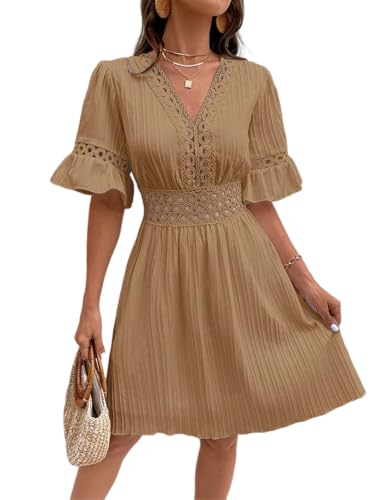 Image of Womens Summer Dresses V-Neck Lace Insert Flounce Casual Lightweight Sleeve Midi Dresses for Women 2025 Trendy