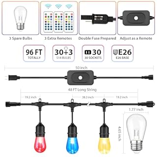 Larkvue 96FT(2X48FT) RGBW Outdoor String Lights with Remote, Patio Lights with 30+3 Vintage S14 Dimmable Waterproof Bulbs for Xmas Bistro Cafe Outside