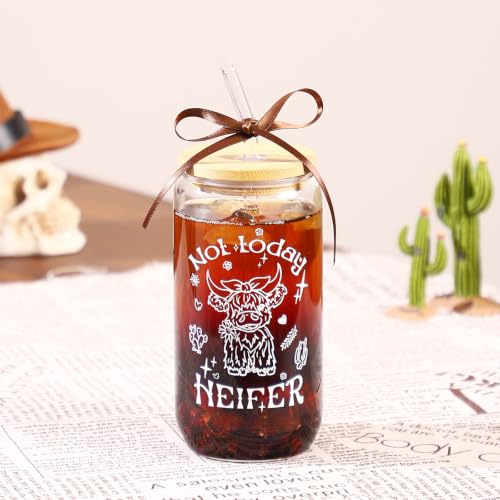 KORHONEN Highland Cow Gifts for Women, Glass Cup with Lid and Straw - image 2