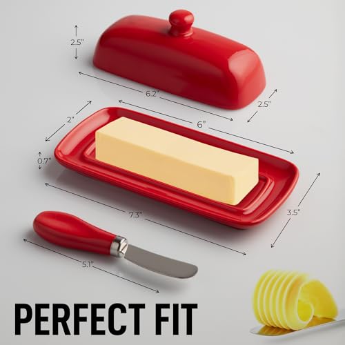 Image of Zulay Kitchen Butter Dish With Lid For Countertop - Porcelain Red, Ceramic Butter Dish with Knob Handle Great for Cooking - Elegant Design Butter Holder - Durable & Sturdy Butter Keeper - Red