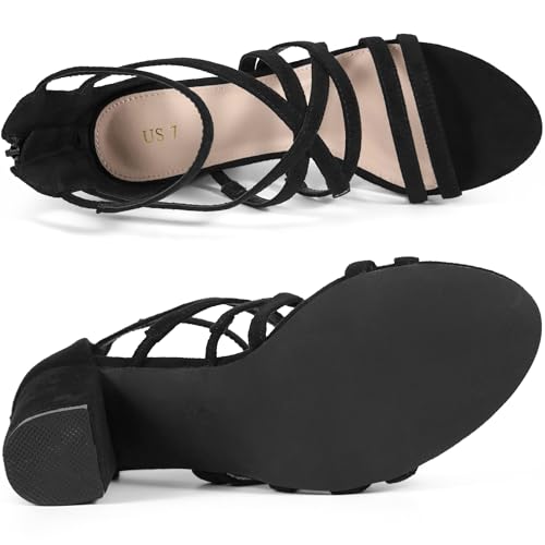Allegra K Allegra K Women's Gladiator Heels Strappy Back Zip Chunky Heel Black Sandals 8 M US