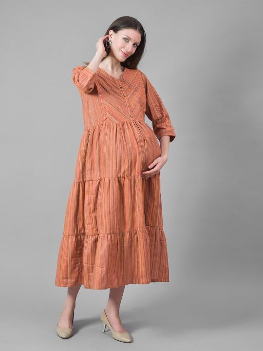 Mollar Maternity Nursing Maxi Dress Cotton Striped V Neck Button Front Side Zip 3/4 Sleeve Loose Fit Pregnancy Dress
