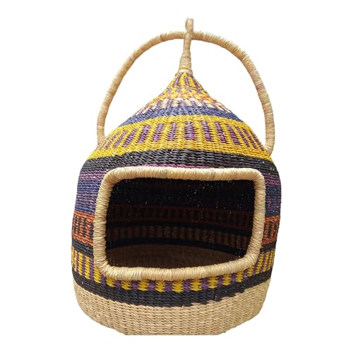 Woven Wicker Cat House, Pet Hammock for Small and Medium Cats, Large Size,Cat House Indoor Basket,African Handmade Cat Basket,Rattan Pet Basket (Small)