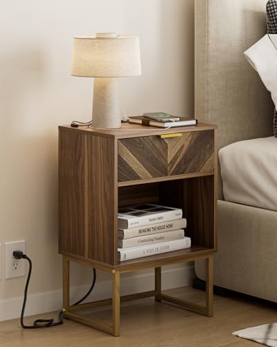 Image of Masupu Nightstand with Charging Station,Modern Night Stand Boho Farmhouse Wood Bedside Table with Storage Drawer Side End Table for Bedroom,Living Room,Office,Walnut Brown with Outlet