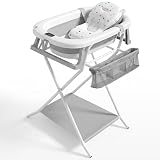 JUPPLIES Vaschetta Bagnetto Neonato Pieghevole con Supporto Metallico e Tubo di Scarico – Vasca Neonato con Cuscino Ergonomico, Termometro Digitale e Piedini Antiscivolo (Grigio con gambe)
