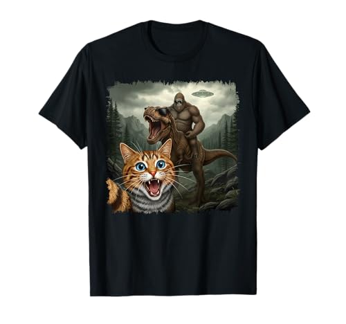 Funny Cat Selfie with Bigfoot Riding T Rex Dinosaur UFO T-Shirt