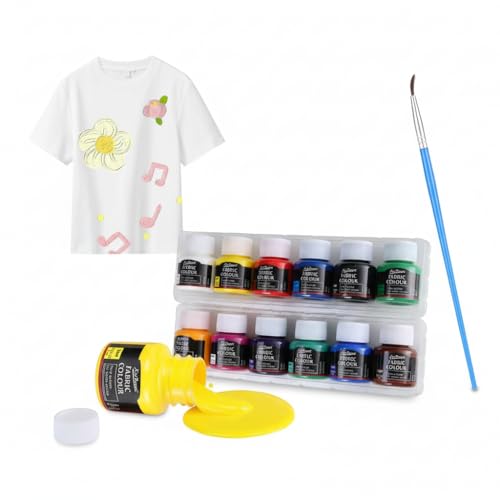 Permanent Fabric Paint Set 12 Vibrant Wash-Resistant Acrylic Textile Paints with Brush Non-Toxic Multi-Surface Fabric Paint Kit for Clothes Shoes Canvas Jeans and Bags DIY Art Projects