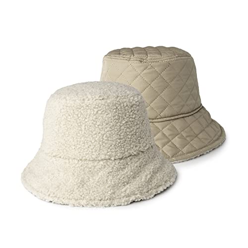 Britt's Knits Apres Ski Reversible Sherpa Bucket Hat Winter Faux Fur Teddy Style Warm Bucket Hat for Women & Girls - Oat