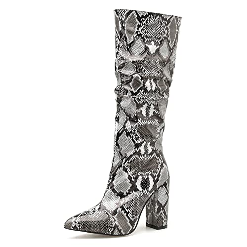 SHEMEE Women's Colorful Snakeskin Knee High Boot Chunky Block High Heels Snake Print Round Toe Zipper Slouch Shoes