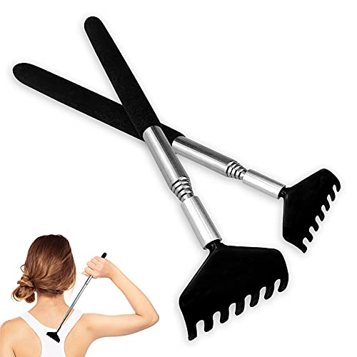 2 Pezzi Schiena Grattaschiena Telescopico,Grattaschiena Massaggiatore con manico telescopico in acciaio inox,Portatile Estensibile Back Scratcher 20-68cm,Nero.