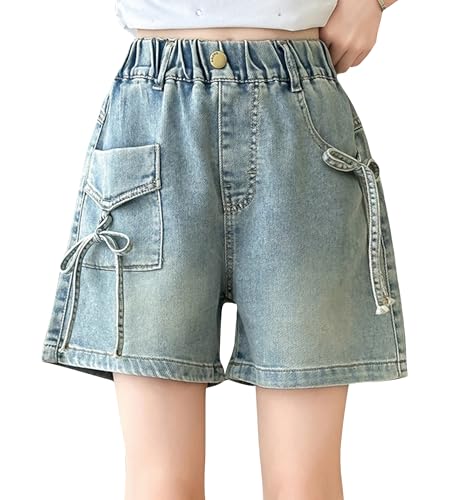 Happy Cherry Bermudas Été Ados Fille Baggy Jeans Courte Large Enfant Bermudas Denim d'été Fille Casual 150