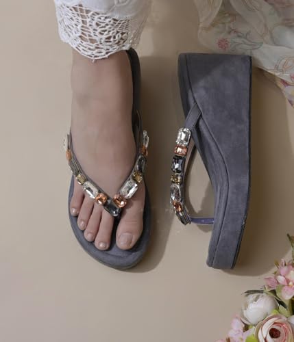 Image of JM LOOKS Women's Rhinestone Sandals High | Low Platform T-Strap Jewel Sandals High Wedge Flip Flops Sandal Summer Beach Sandal