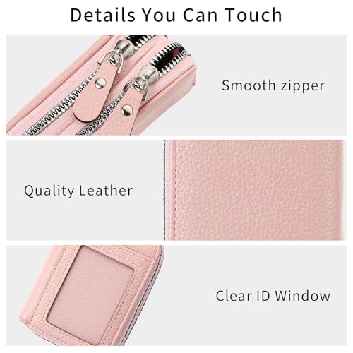 Genuine Leather Wallet for Women RFID Blocking Double Zipper Credit Card Holder with ID Window (Pink)3