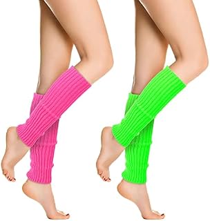 Yolev 2 pairs 80s Women Neon Leg Warmers Knit Ribbed Leg Warmer for Party Costume Accessories and Sports Yoga SuppliesRose Red + Fluorescent Green