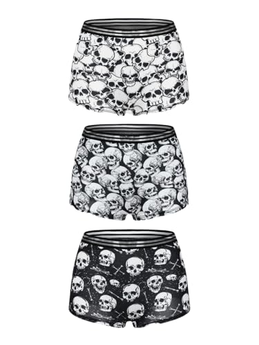Morvia 3pcs Women Gothic Halloween Skulls Print Contrast Binding Boyshorts Underwear Elastic Waist Intimates Panties White & Black S