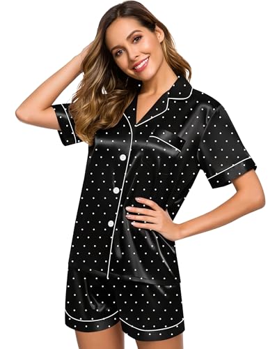 Image of SWOMOG Womens Silk Satin Pajamas Set Short Sleeve Sleepwear Button Down Top and Shorts Loungewear 2 Piece Pjs Set XS-3XL