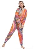 Lifeye Womens Onesie Pajamas Tie Dye Romper Sleepwear Long Sleeve Jumpsuit Homewear Union Suit Nightwear Adult Orange Pink S