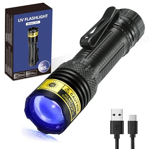 DARKDAWN UV Flashlight 365nm Black Light?Mini & Powerful USB- C Flashlights LED Rechargeable Woods Lamp? Portable Adjustable Focus Blacklight Flashlights for Uranium Glass, Money, Pet Urine Stains ?