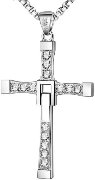 Dom Toretto Cross Necklace, Ozzy Osbourne Cross Necklace, Dominic Toretto Necklaces with Small Diamonds Silver, Stainless Silver Cross Chain for Men, Mens Cross Necklaces