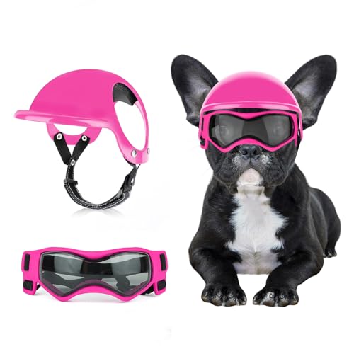 BillionChains Dog Helmet with Dog Goggles for Small Dogs - Pet Motorcycle Helmet Hat with Ear Holes Adjustable Straps Safety Helmet for Puppy Riding - Pink