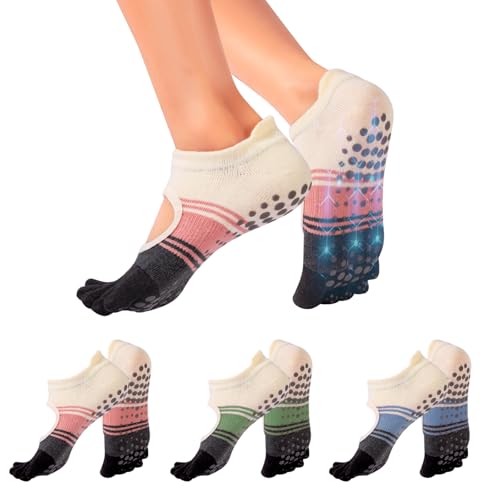 EwaRcud Pilates Grip Socks for Women, Non-Slip Yoga Socks with Toe Separators, 3-Pack for Pilates, Yoga, and Sports