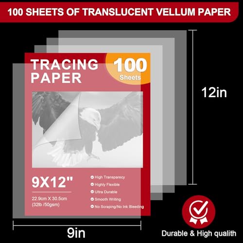 PTRBTY&HISDE Tracing Paper 9x12 inch,A4 Size 100 Sheets(32lb/50gsm) Transparent Vellum Paper for Tracing Pads, Wrinkle Free Highly Drawing,Marker and Ink Trace Images, Adult and Student or Artists
