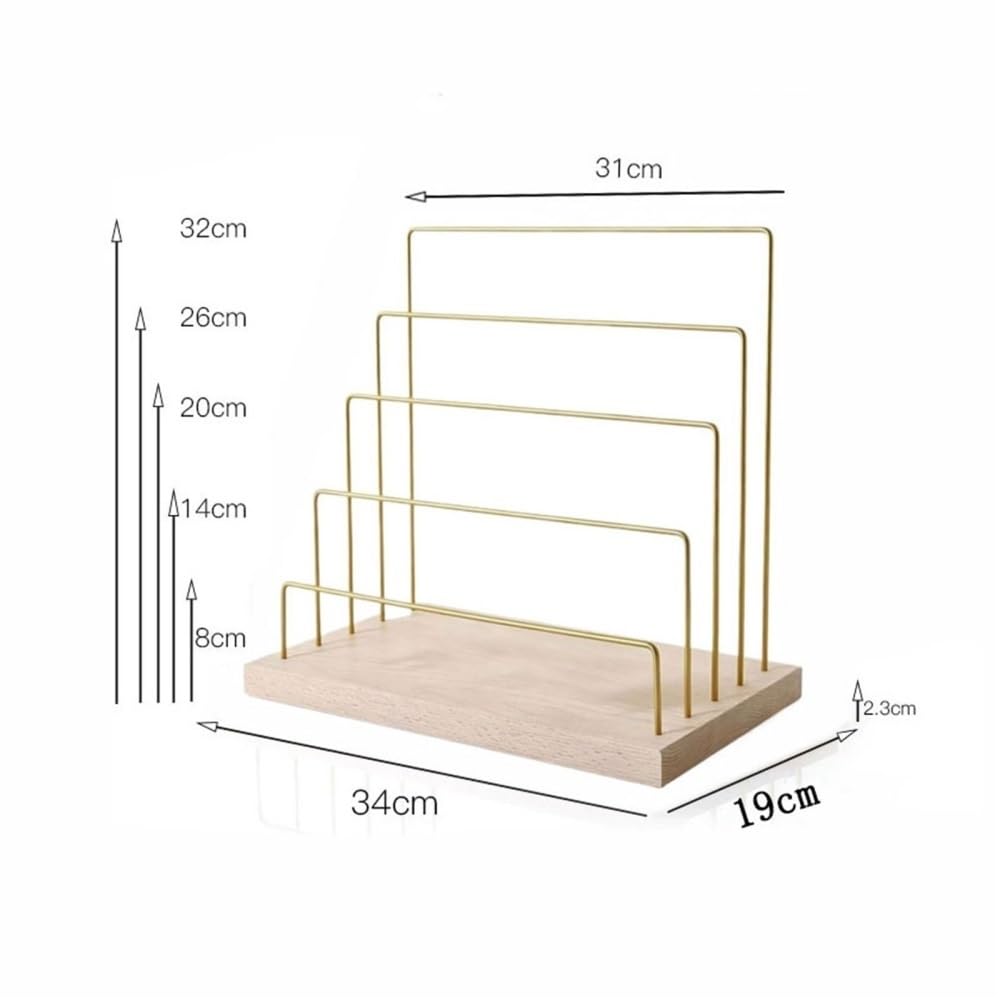 Espositore for carte for orecchini in metallo dorato a 5 livelli con base in legno di quercia