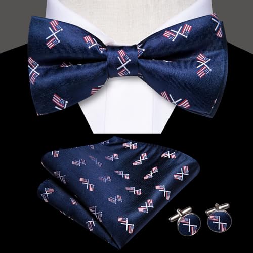 Image of Hi-Tie Bow Ties for Men Pre-Tied Pocket Square with Cufflinks Mens Bowtie Sets for Wedding Formal Party
