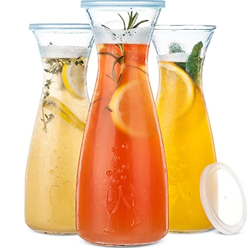 PRESTIGE Mimosa Bar Glass Carafe With Lids - 27oz Glass Mimosa Pitcher w/ Plastic Carafe Lid, Wine Carafes & Pitchers, Juice Jar Containers, Juice Jug Set, Brunch Drink Pitchers for Parties (Carafes)