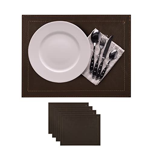 Via Deco Rectangular Placemats (Pack of 4) - Eco-Friendly Design - Classic Double Seam - Faux Leather & Copper - for Dining & Kitchen Table - Non-Slip - Easy to Clean and Store - 16.5” x 12.5” (Brown)