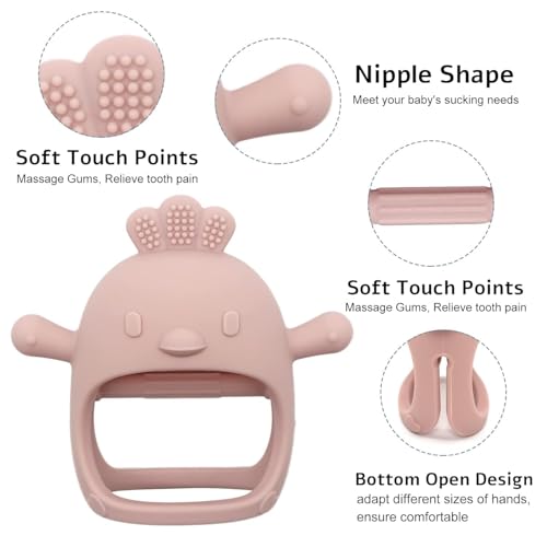 Image of PandaEar Silicone Baby Teething Toys| Baby Hand Teether Mitten for Sucking Needs| Chew Toys Hand Pacifier for Soothing Teething Pain Relief (Rattle Penguin Pink)
