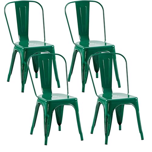 Image of Metal Dining Chairs with Backrest, Stackable, Green, 4 Pack | Easy Assembly, Non-Slip Feet, 330 lb Capacity, Kitchen, Restaurant, Cafe, Pub, Covered Patio